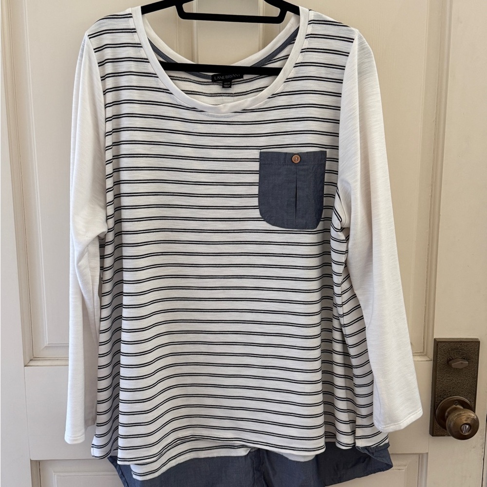 Lane Bryant White Top with Black Stripes and Chambray Pocket
